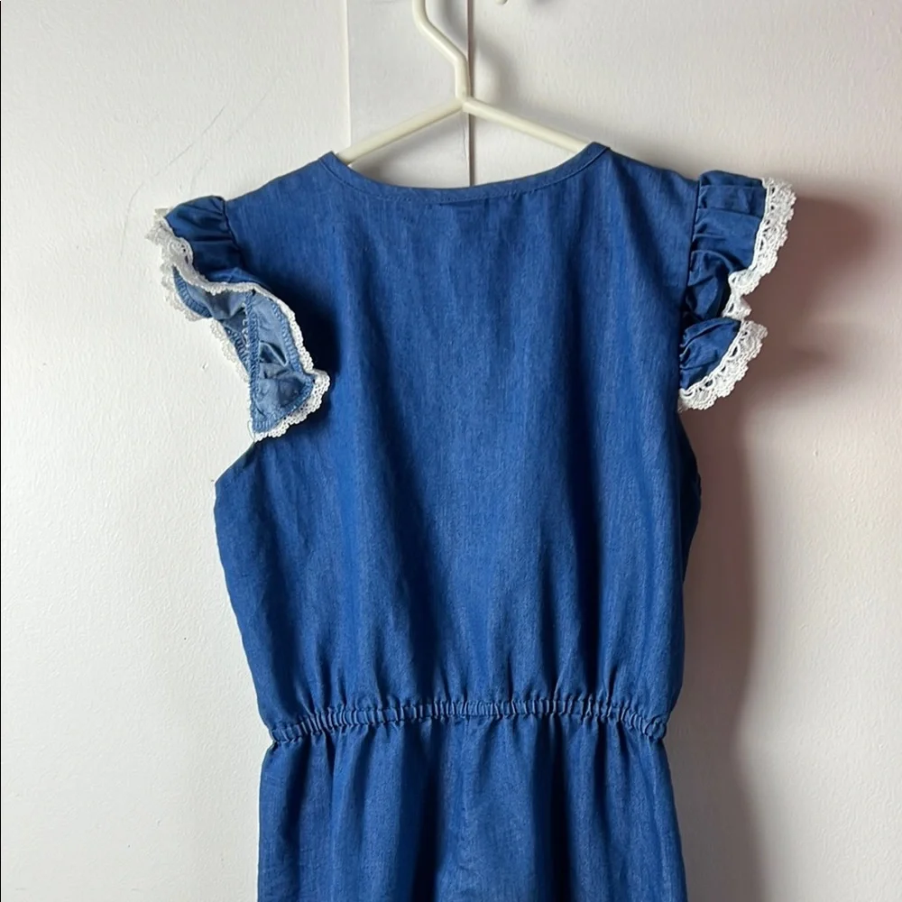 Kids Blue and White Flutter Sleeve Lace Bow Jumpsuit Coastal Sailor Style Romper - Picture 6 of 7